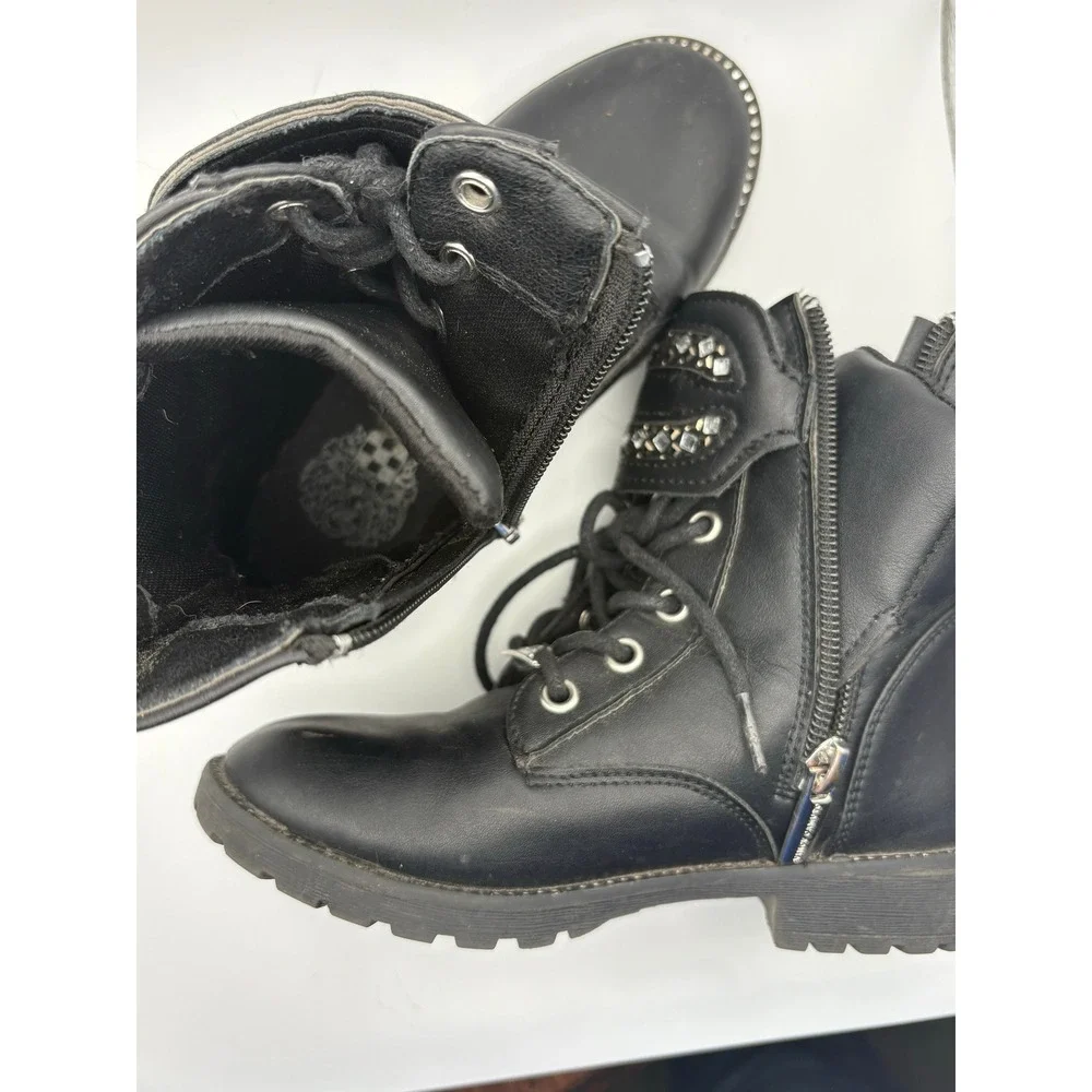 Vince Camuto Kids Black Rhinestone Wing Combat Boots Side Zip Lug Sole Size 10